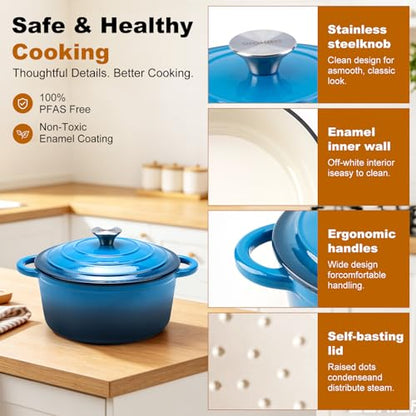 WOKINS Enameled Cast Iron Dutch Oven - 5.5QT Pot with Lid,Oven Safe to 500°F,Heavy-Duty Cookware for Sourdough Bread Baking,Braising,Stews,Roasting Blue