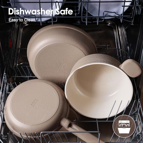 SENSARTE Ceramic Nonstick Pots and Pans Set 17pcs, Healthy Induction Cookware Set, Nontoxic Kitchen Cooking Set with Skillets & Saucepans, Stay-cool Handles, PFAS PTFE PFOA PFOS Free,Taupe