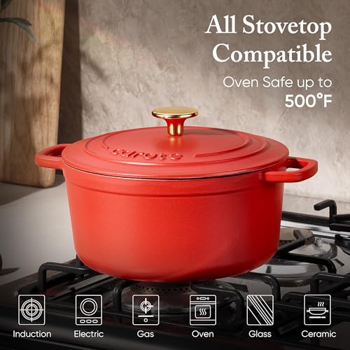 CAROTE Enameled Cast Iron Dutch Oven Pot with Lid, 4 QT Dutch Ovens, Heavy-Duty Cast Iron Pot for Sourdough Bread Baking, Braising, Stews, Roasting, Healthy & Non-Toxic, Dual Handles, All Stovetop Compatible, Oven Safe up to 500° F, Red