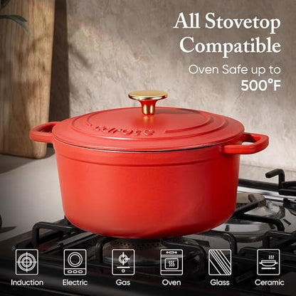 CAROTE Enameled Cast Iron Dutch Oven Pot with Lid, 4 QT Dutch Ovens, Heavy-Duty Cast Iron Pot for Sourdough Bread Baking, Braising, Stews, Roasting, Healthy & Non-Toxic, Dual Handles, All Stovetop Compatible, Oven Safe up to 500° F, Red