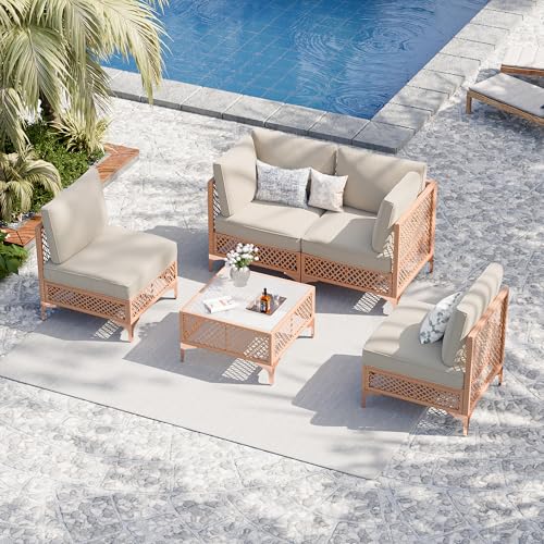 Vikiullf Patio Conversation Set, 5 Piece Outdoor Sectional Sofa Set with Coffee Table, Wicker Bistro Set with Thick Cushions, for Garden, Backyard, Poolside (Beige)