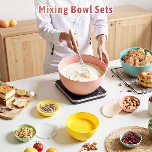 16 Piece Plastic Mixing Bowls with Lids Set - Nesting Bowls Set includes 8 Prep Bowls and 8 Lids, 2-in-1 Spoon-Fork, Large Salad Bowl for Preparing, Serving, and Storing, Dishwasher & Microwave Safe