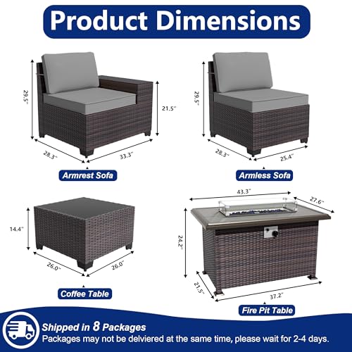 ASJMR Outdoor Patio Furniture Set with Fire Pit Table, 13 Pieces Outdoor Furniture Set Patio Sectional Sofa w/43in Propane Fire Pit, PE Wicker Rattan Patio Conversation Sets - Grey