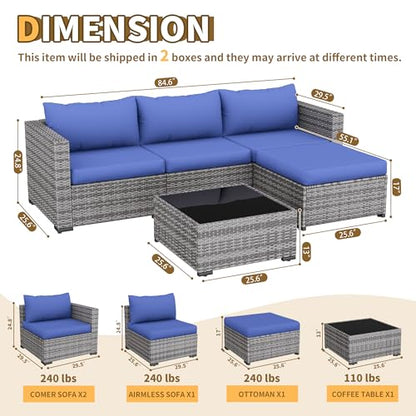 UDPATIO 5 Piece L Shaped Outdoor Couch, Small Space Patio Furniture Set