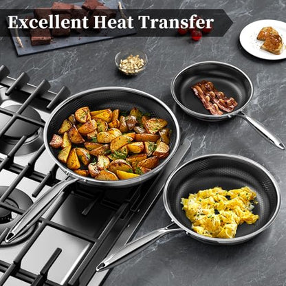 Innerwell Nonstick Frying Pan Set,8 Inch&9.5 Inch&11 Inch Tri-Ply Hybrid Stainless Steel Ceramic Frying Pans Kitchen Cooking Pan Skillet 3 Piece PFAS/PFOA/PTFE Free,Dishwasher & Oven Safe