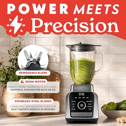 Gourmia Countertop Blender – 8 Blend Programs, 4 Speeds, Pulse and Manual Mode, 56oz Pitcher, Digital Display with Integrated Timer, Round-Plated Tamper, Dishwasher-Safe Parts