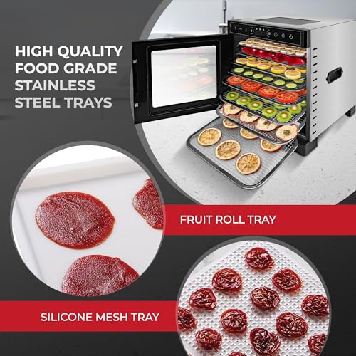 Rosewill Food Dehydrator | Powerful 400W Rear Fan Even-Drying System | 8 Full-Size Stainless Steel Trays | 95°-195° Temperature Control, 48H Timer, Keep Warm + Auto Shutoff | Jerky, Herbs, Meat