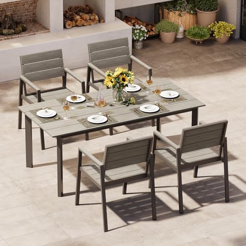 Oasbira Outdoor Dining Set for 4, Patio Table and Chairs Set with Umbrella Hole, 5 Pieces HDPS + Aluminum Outdoor Furniture Sets for Patio, Garden (Gray)