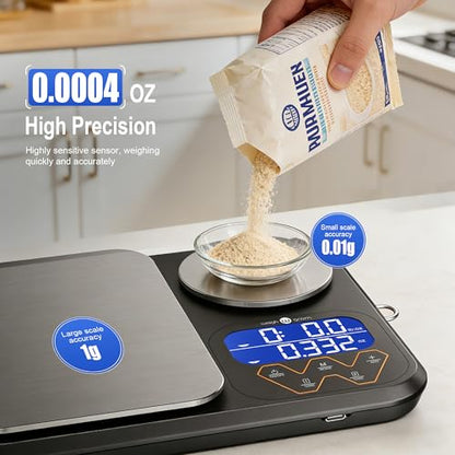 Rechargeable 0.01g/5kg Dual Platform Food Kitchen Scales Digital Weight Grams and Ounces, Two Precisions Kitchen Scale for Sourdough Bread, Baking and Cooking with 3 Units Tare, Accumulation Functions