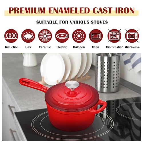 E-far Enameled Cast Iron Sauce Pan with Lid, 1 Quart Dutch Oven Saucepan, Mini Sauce Pot for Cooking, Boiling, Healthy & Non Toxic, Induction & Oven Safe, Red