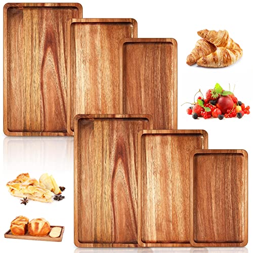 Qunclay 6 Pcs Acacia Wood Serving Trays Wooden Plates for Food 3 Sizes Rectangular Serving Platter Set Natural Wooden Boards Cheese Platters for Bar Coffee Home Party(13.4x7.9/11.8x7.1/9.8x5.9 In)