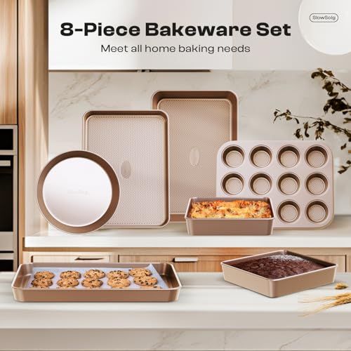 Slow Slog Baking Pans Set 8-Piece Bakeware Sets, Baking Sets for Cooking Nonstick Oven Pan Set, Baking Sheet Set, Cookie Sheets for Baking, Muffin Pan, Cookie Sheets (Ceramic Coated Gold)