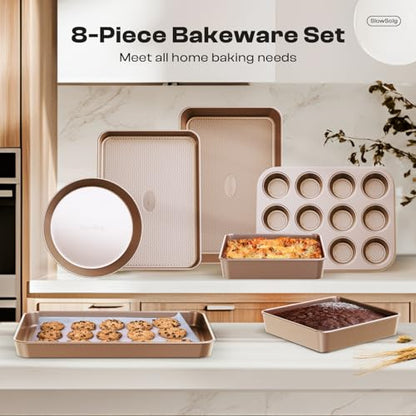 Slow Slog Baking Pans Set 8-Piece Bakeware Sets, Baking Sets for Cooking Nonstick Oven Pan Set, Baking Sheet Set, Cookie Sheets for Baking, Muffin Pan, Cookie Sheets (Ceramic Coated Gold)