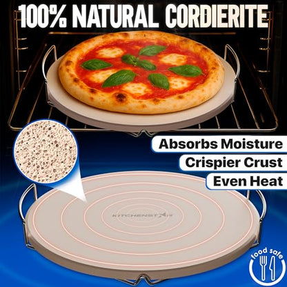 KitchenStar 12-inch Pizza Stone for Oven and BBQ Grill with Handles, Round, 5/8" Thick - Natural Cordierite, 1800 °F Resistant, Baking Stone Set with Stainless Steel Rack & Plastic Scraper Tool