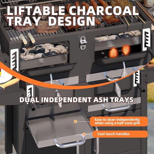 MELLCOM 36 In Large Charcoal Grills - 620 Sq.In Oversized BBQ Area with Storage Cabinet & Individual Lifting Charcoal Trays, Foldable Side Tables and Thermometer for Outdoor, Patio, Balcony
