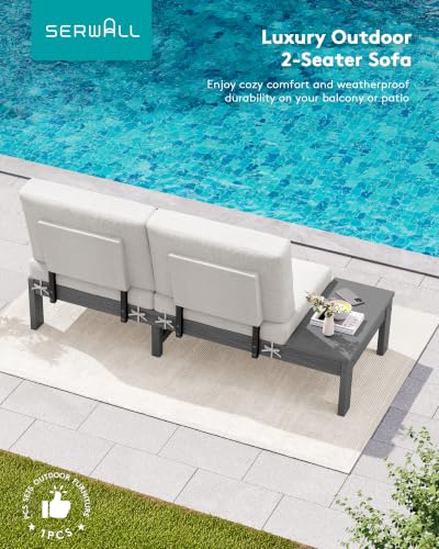 SERWALL HDPE Outdoor Loveseat Sofa, 2 Seats Patio Sofa, All-Weather Patio Conversation Sets with Adjustable Backrest Sofa for Backyard and Garden, Grey Frame with Beige Cushion