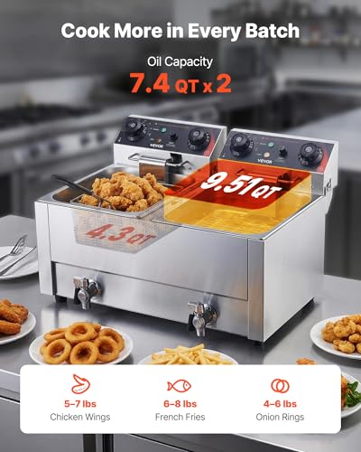 VEVOR Commercial Electric Deep Fryer, Upgrade Dual Tank 19 Qt, 3500W Stainless Steel Countertop Fryer with Baskets & Lids, Temp Control, Timer, Overheat Protection, for Commercial Restaurant, Silver