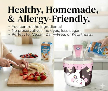 Cooler Concepts 1.2 Qt Cow Electric Ice Cream Maker for Kids - Best Countertop Ice Cream Machine for Homemade Soft Serve, Sorbet, Gelato, Frozen Yogurt - Fun Desserts for Families, Easy to Clean