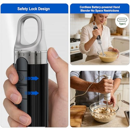 Cordless Immersion Hand Blender with Charging, 4 in 1 Hand Blenders Set,6-Speed Turbo, Wall-Mountable Design, Includes Chopper, Whisk & Frother for Soup, Baby Food & Smoothies (Black)
