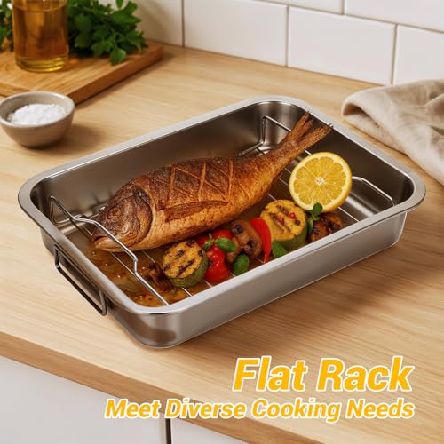 Tifanso Stainless Steel Roasting Pan - Heavy Duty Turkey Roasting Baking Broiler Oven Pan with Rack and Handle for Oven, High Sided Easy to Clean Induction Roast Tray for Chicken, Vegetable, Lasagna