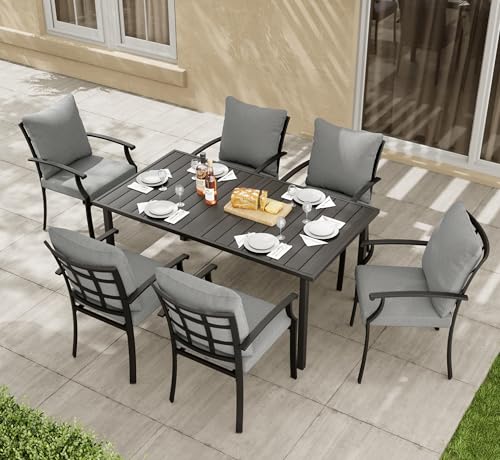 HAPPATIO 7-Piece Patio Dining Set, Outdoor Dining Set with Powder-Coated Metal,Dining Table with Umbrella Hole, 6 Stackable Chairs with Removable Cushions for Porch Poolside Garden,Grey