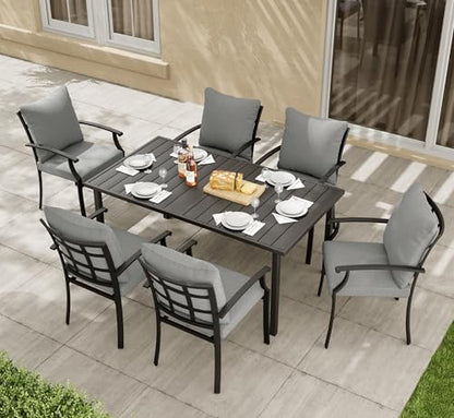 HAPPATIO 7-Piece Patio Dining Set, Outdoor Dining Set with Powder-Coated Metal,Dining Table with Umbrella Hole, 6 Stackable Chairs with Removable Cushions for Porch Poolside Garden,Grey