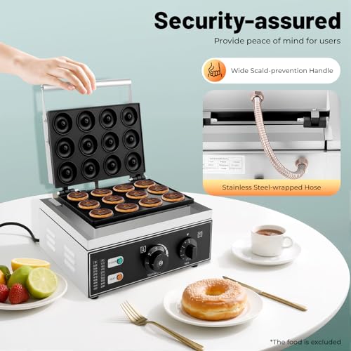 Electric Donut Maker 1550W Commercial Electric Doughnut Donut Machine, Double-Sided Heating Non-Stick Surface Waffle Machine 122-572℉ Temperature Adjustable for Restaurant and Home (12 Holes)