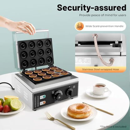 Electric Donut Maker 1550W Commercial Electric Doughnut Donut Machine, Double-Sided Heating Non-Stick Surface Waffle Machine 122-572℉ Temperature Adjustable for Restaurant and Home (12 Holes)