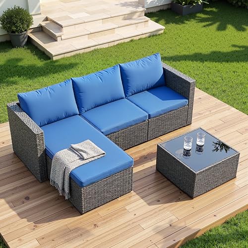 Shintenchi Outdoor Sectional Patio Furniture Set 4-Piece, All-Weather PE Rattan Sofa Couch with Cushions & Storage Coffee Table for Yard, Garden, Porch, Poolside (Blue)