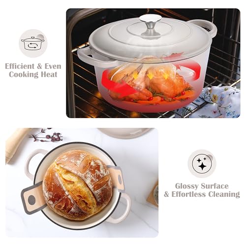 E-far Enameled Dutch Oven Pot for Bread Baking, 6QT Enameled Cast Iron Cookware with Self-Basting Lid & Sourdough Bread Baking Supplies, Heavy Duty Casserole Pot & Dual Handles-Khaki