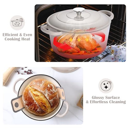 E-far Enameled Dutch Oven Pot for Bread Baking, 6QT Enameled Cast Iron Cookware with Self-Basting Lid & Sourdough Bread Baking Supplies, Heavy Duty Casserole Pot & Dual Handles-Khaki
