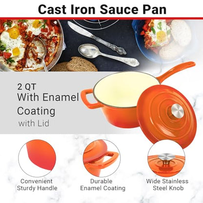 Enameled Cast Iron Sauce Pan, 2 Quarts Round Sauce Pot with Lid, Mini Dutch Oven Enamel Saucepan for Cooking Pasta Sauce, Marinate, Cook, Refrigerate and Serve, Flame Orange