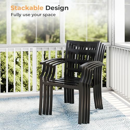 HAPPATIO 7-Piece Patio Dining Set, Outdoor Dining Set with Powder-Coated Metal,Dining Table with Umbrella Hole, 6 Stackable Chairs with Removable Cushions for Porch Poolside Garden,Grey