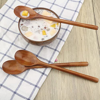 Wooden Spoons, 6 Pieces 9 Inch Wood Soup Spoons for Eating Mixing Stirring, Long Handle Spoon with Japanese Style Kitchen Utensil, ADLORYEA Eco Friendly Table Spoon