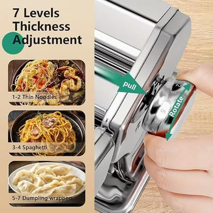 Manual Pasta Maker Machine, 2 in 1 Noodle Maker with Rollers and Cutter, 7 Adjustable Thickness Settings, Perfect for Spaghetti, Fettuccini, Lasagna or Dumpling Skin Silver