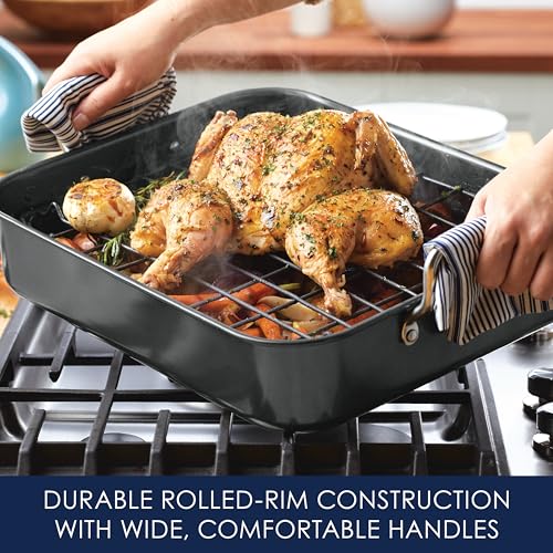 Rachael Ray Bakeware Nonstick Roaster/Roasting Pan with Reversible Rack, 16.5 Inch x 13.5 Inch, Gray
