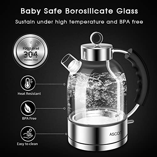ASCOT Glass Electric Kettle, 1.5L Borosilicate Glass, 1500W, Silver