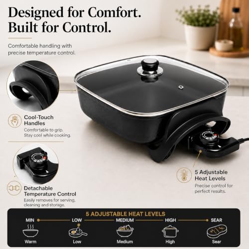 Moss & Stone Square Electric Skillet with Lid, 12-Inch Nonstick Frying Pan