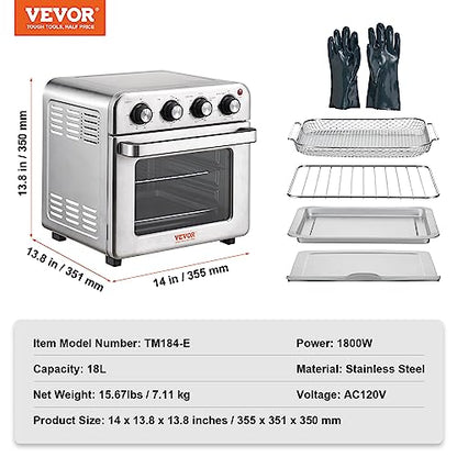 VEVOR 7-IN-1 Air Fryer Toaster Oven, 18L Convection Oven, 1800W Stainless Steel Toaster Ovens Countertop Combo with Grill, Pizza Pan, Gloves, 6 Slices Toast, 10-inch Pizza, Home Use