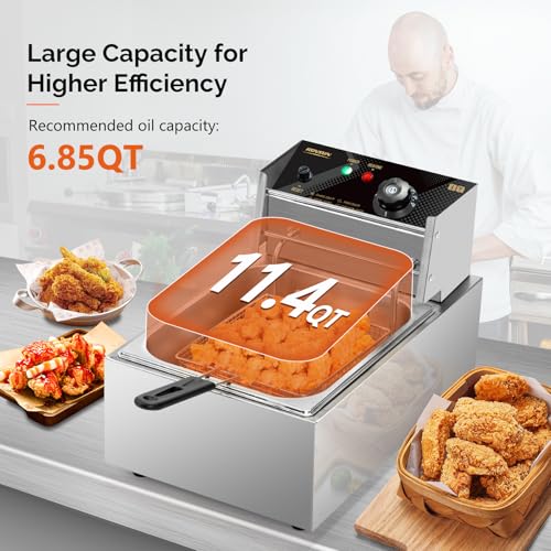 ROVSUN 11.4QT Electric Deep Fryer with Basket & Lid, 1700W Commercial Deep Fryer w/Adjustable Temperature Stainless Steel French Fryer for Home and Commercial Kitchens