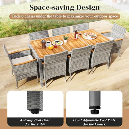COSTWAY 9-Piece Patio Dining Set for 8, Outdoor Rattan Wicker Table and Chairs Furniture Set with Umbrella Hole, Acacia Wood Tabletop for Backyard, Balcony, Poolside, Grey & White