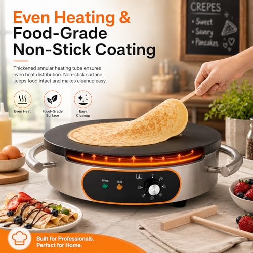 Treliamd Commercial Crepe Maker, Pancake Maker Machine, 16" Non-Stick 1500W Electric Crepe Machine Constant Temperature, Thickened Cast Iron Cooking Surface Pancakes Maker Griddle with Handle