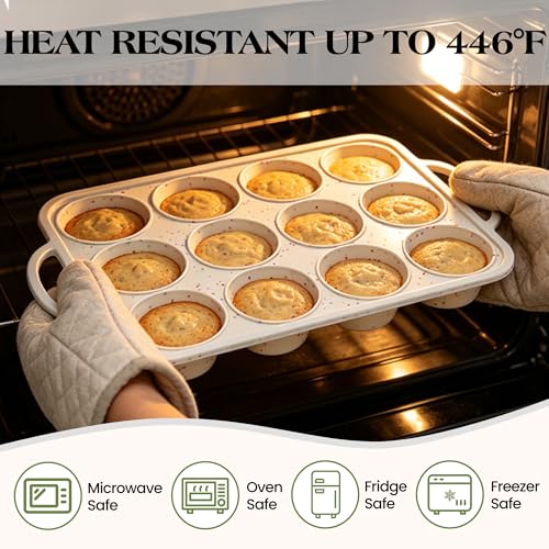 AOTASO Regular 12 Cup and Mini 24 Cup Nonstick Cupcake Pan Set Silicone Muffin Pan for Baking Silicone Cupcake Mold with Metal Reinforced Frame BPA Free (2 Pcs, Cream)