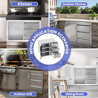 28"×19.7"×22" Outdoor Kitchen Cabinets, 304 Stainless Steel Cabinet, No Assembly Flush Mount Outdoor Kitchen Drawers Combo with Silent Triple Drawers & Access Door for BBQ Island Indoor Kitchen
