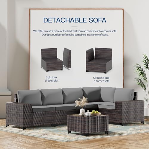 Kullavik 6PCS Outdoor Patio Furniture Set PE Wicker Rattan Sectional Sofa Patio Conversation Sets,Grey