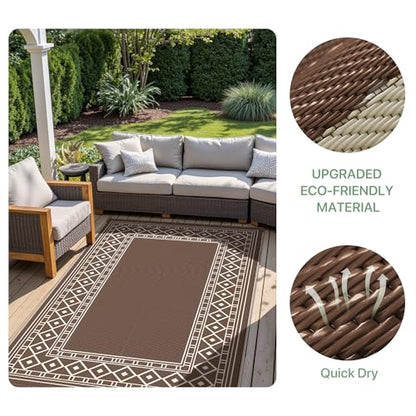 GENIMO Outdoor Rug Waterproof for Patio Decor, 5'x8' Reversible Plastic Straw Rug Carpet, Camping Mat for Outdoor, RV, Backyard, Deck, Balcony, Picnic, Beach, Coffee & Beige