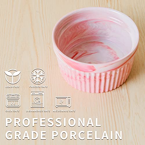 Yundu 4.5 Ounce Pink Marble Ceramic Ramekins - Perfect for Creme Brulee, Oven Safe Baking Bowls - Set of 6