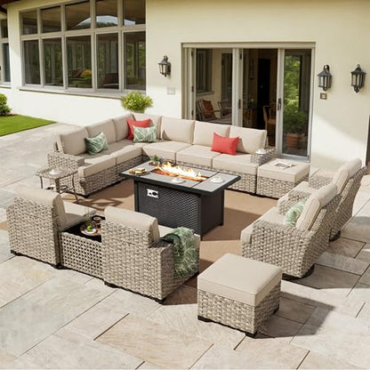 HOOOWOOO Outdoor Sectional Patio Furniture Set with Fire Pit Table,15 Pieces Wicker Conversation Sets L Shaped Couch,Extra Deep Out Door Sofa Outside Furniture with Swivel Chair Ottoman,Beige