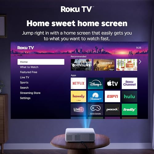 Aurzen Roku TV Smart Projector with Wifi and Bluetooth, Roku Streaming Experience Built-in, 1080P FHD, DoIby Audio, Auto Focus & Keystone, Zoom, Movie Portable Outdoor Mini Projector, White
