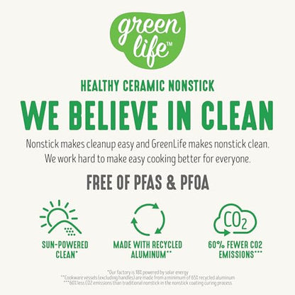 GreenLife 10-Piece Nonstick Ceramic Cookware Set, Lightweight Healthy PFAS-Free Pots & Pans with Lids, Dishwasher & Oven Safe, Durable Body, Silicone Stay-Cool Handles, Easy Release, Sage Green
